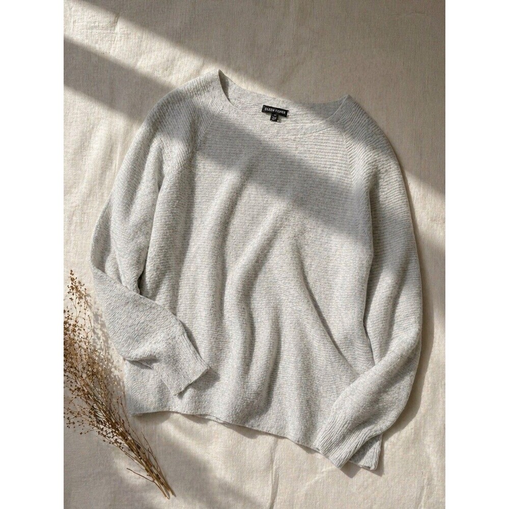Eileen Fisher Made In Italy Sweater M Light Gray Knit Wool/Cashmere Feel EUC